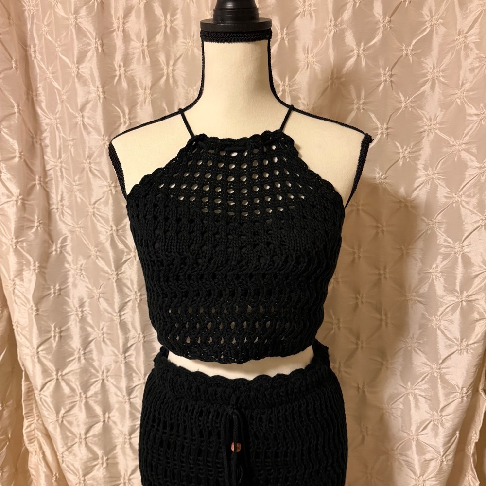 VICI Black Ivie Crochet Two-Piece Halter Crop Top Midi Skirt Set - Picture 3 of 16
